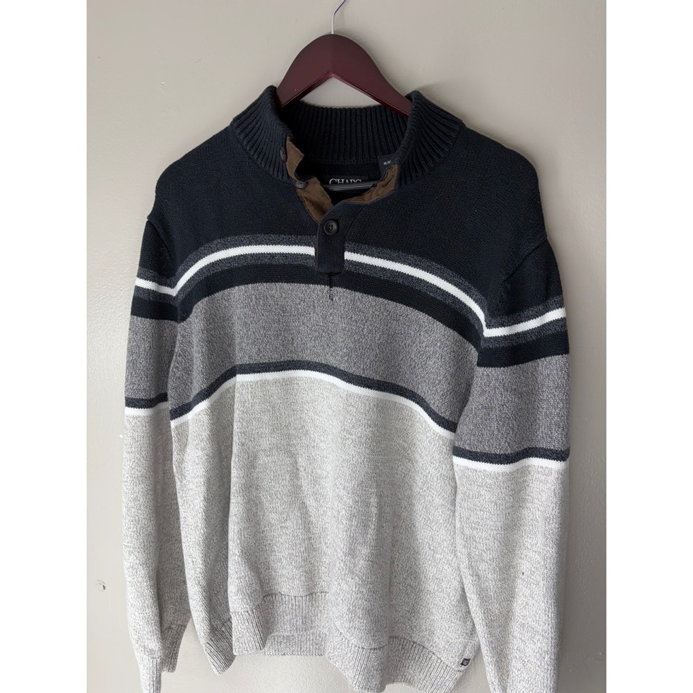 Chaps Mens XL Mock Neck Button Striped Colorblock Sweater Navy Grey
